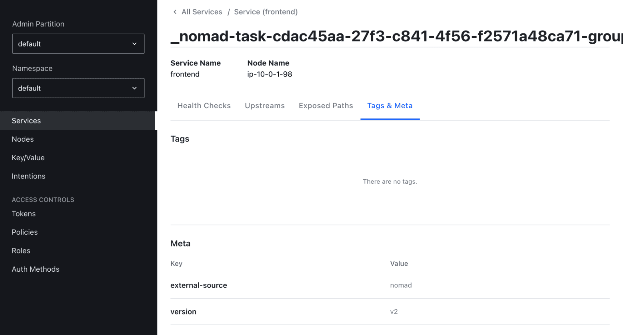 This `frontend` instance's metadata shows this instance is version `v2`.