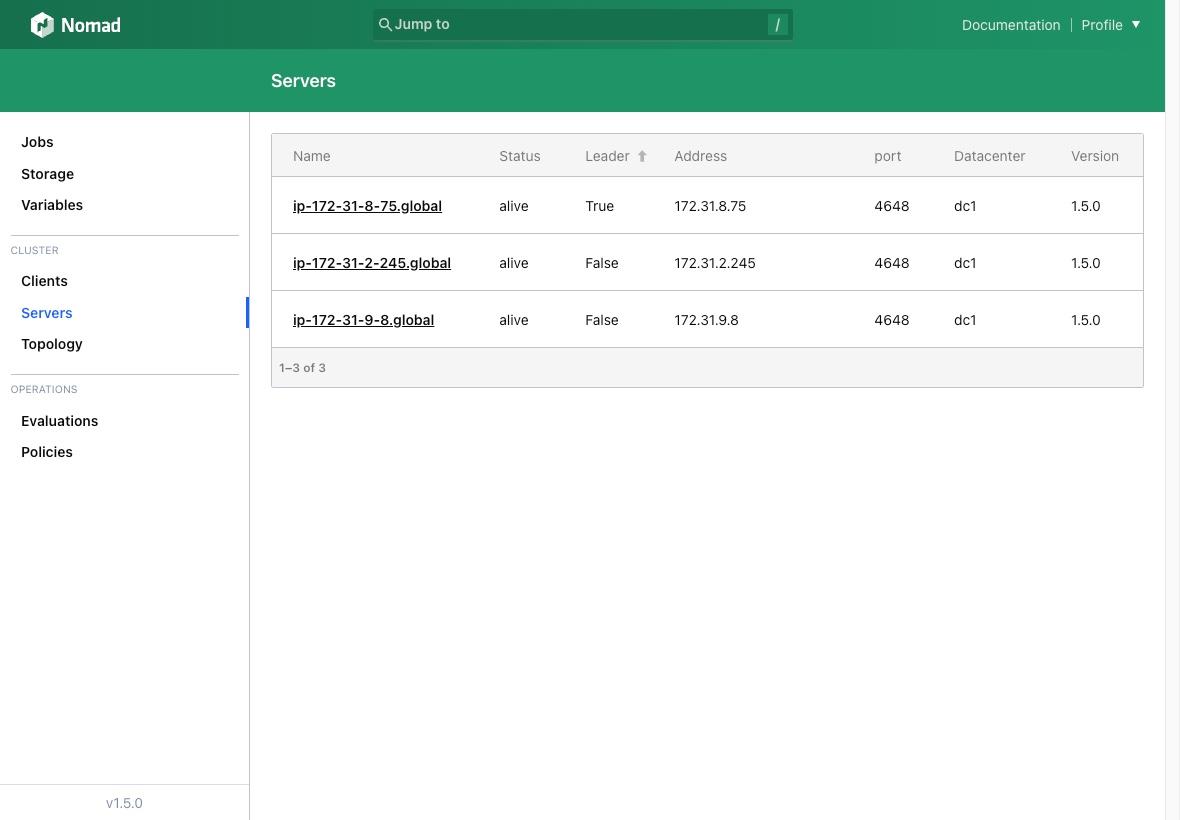 A screenshot of the Nomad UI displaying the list of servers in the cluster