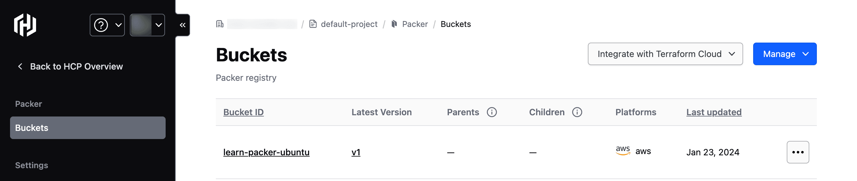 View HCP Packer dashboard containing a list of buckets