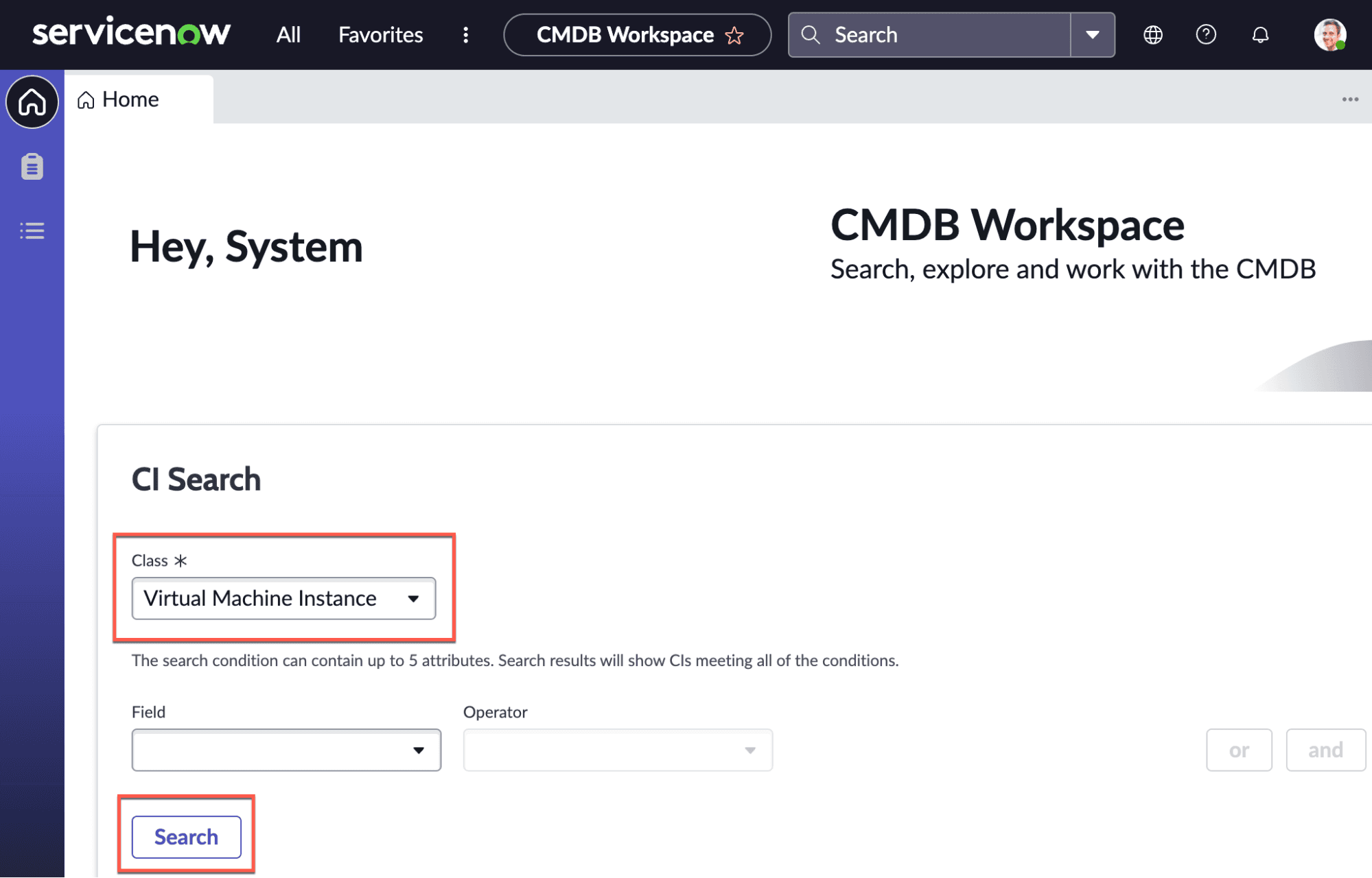 ServiceNow CMDB search screen, showing a search prepared for all Virtual Machine Instances. Clicking the Search button performs the search