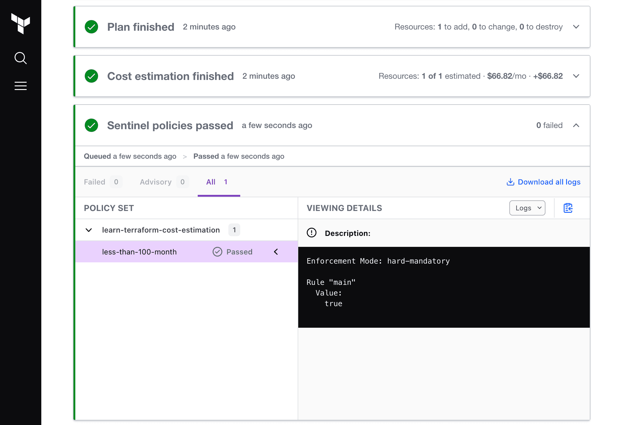 HCP Terraform cost estimation Sentinel check passed