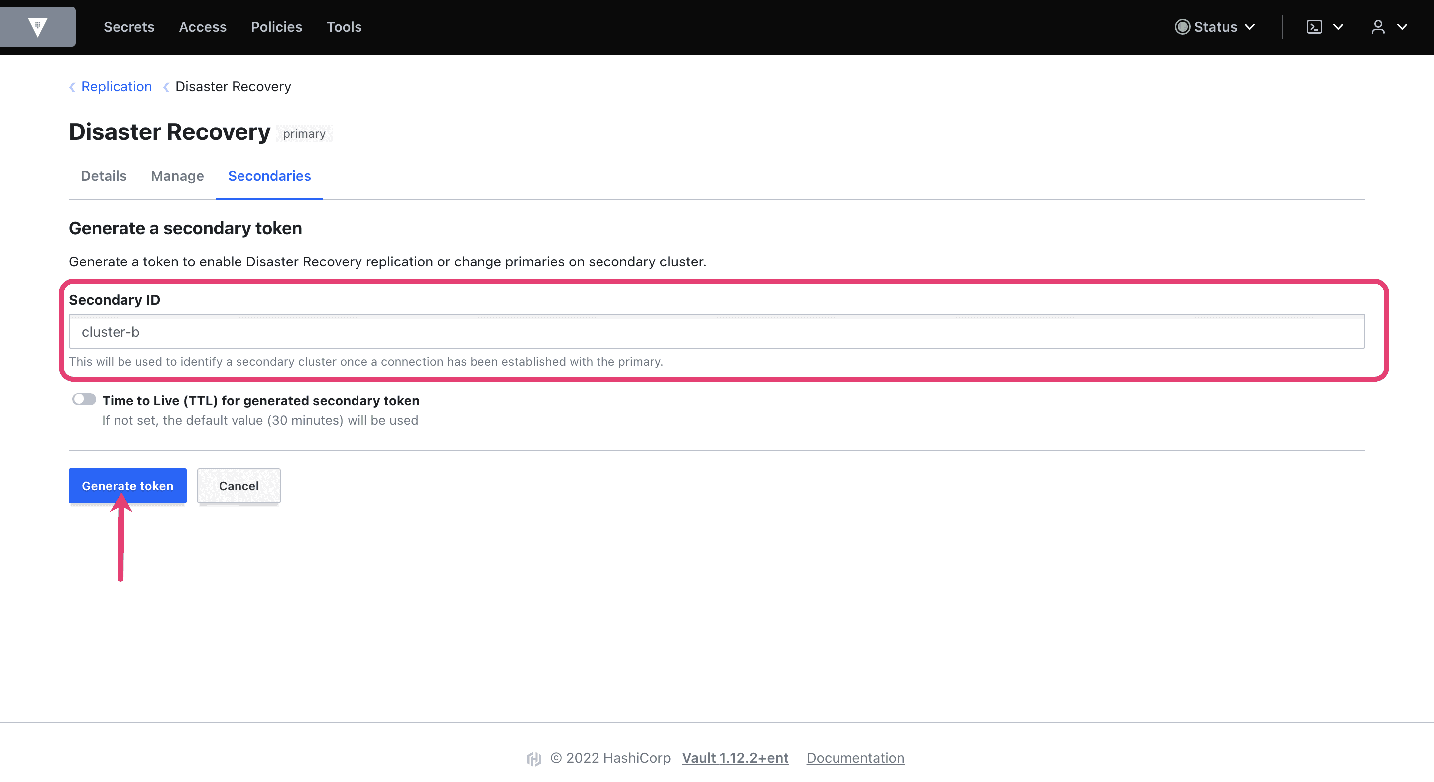 Generating a secondary token