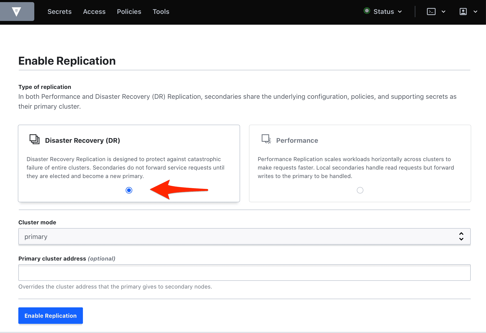 Selecting 'disaster recovery' from the two options